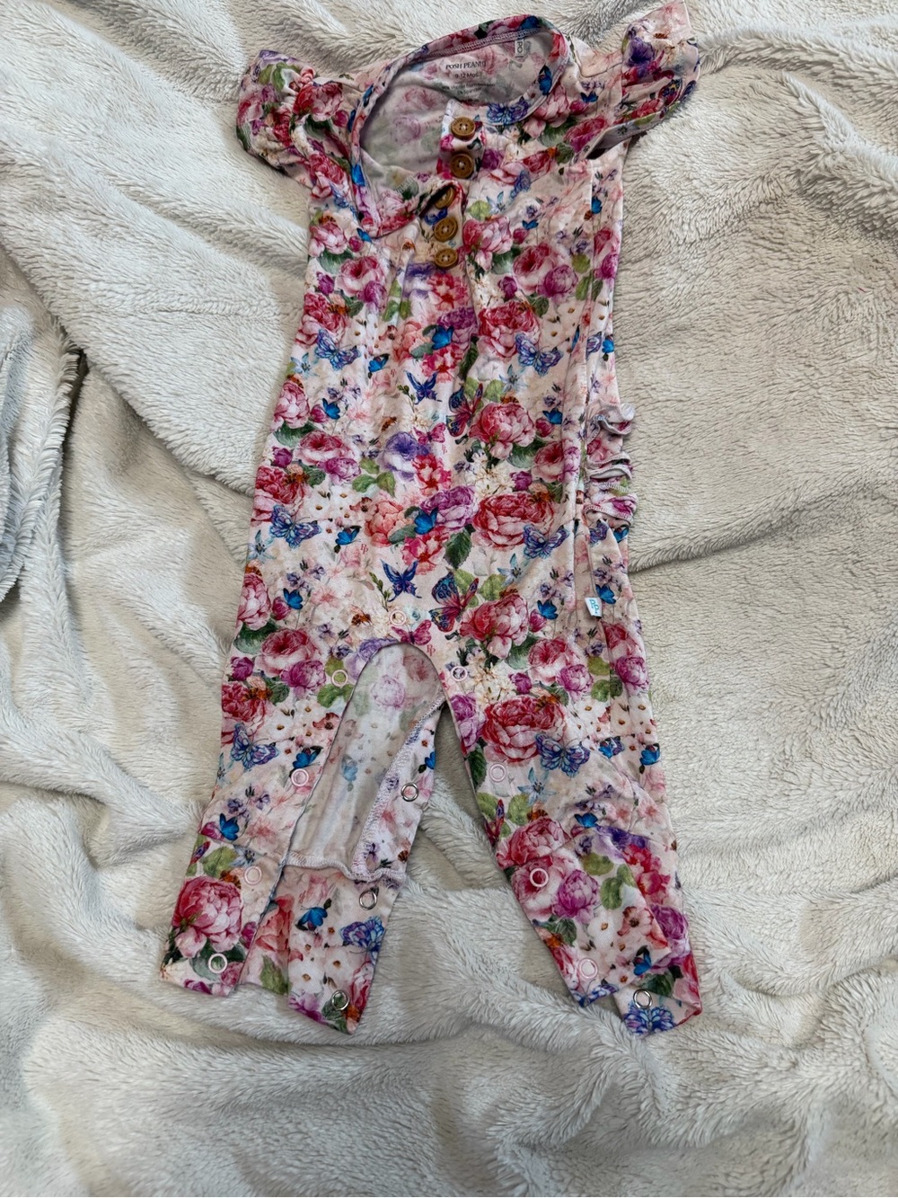 Floral Pink Baby Romper with Button Front and Ruffle Butt